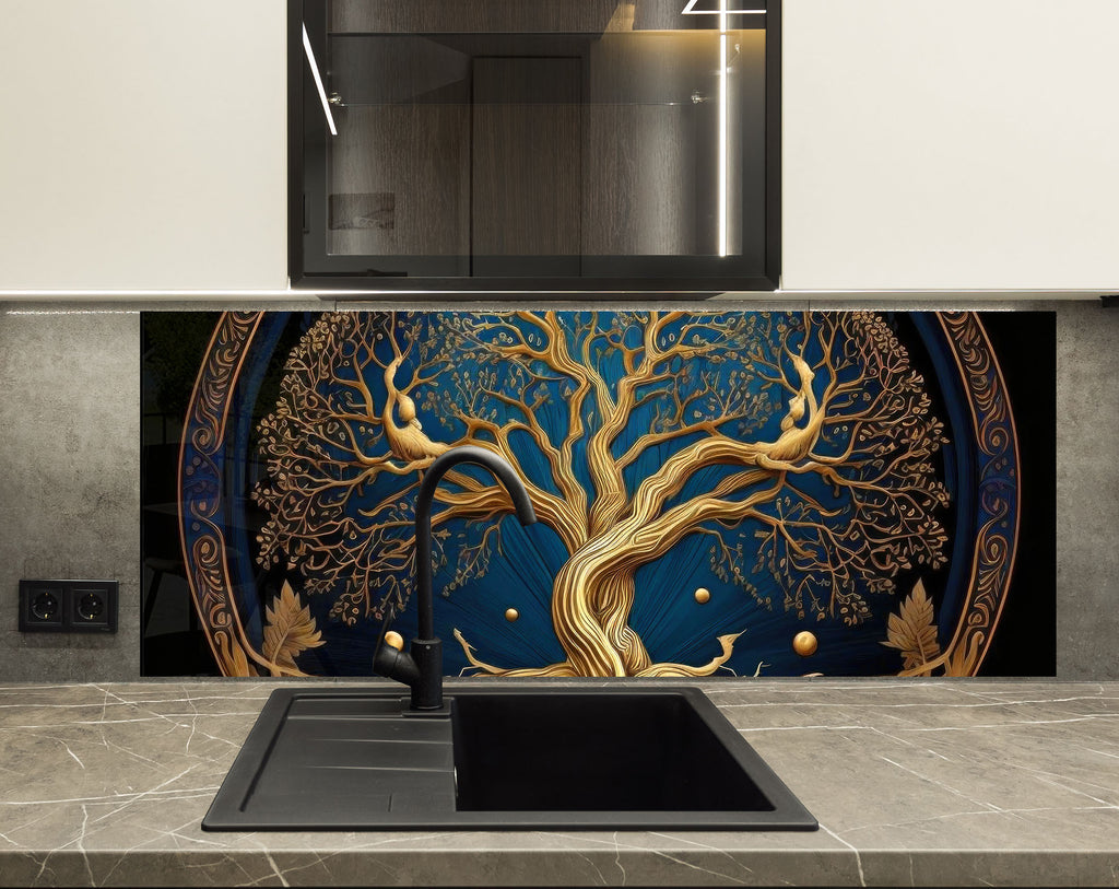 Golden Tree of Life - Tempered Glass Kitchen Backsplash-BacksplashArtworks