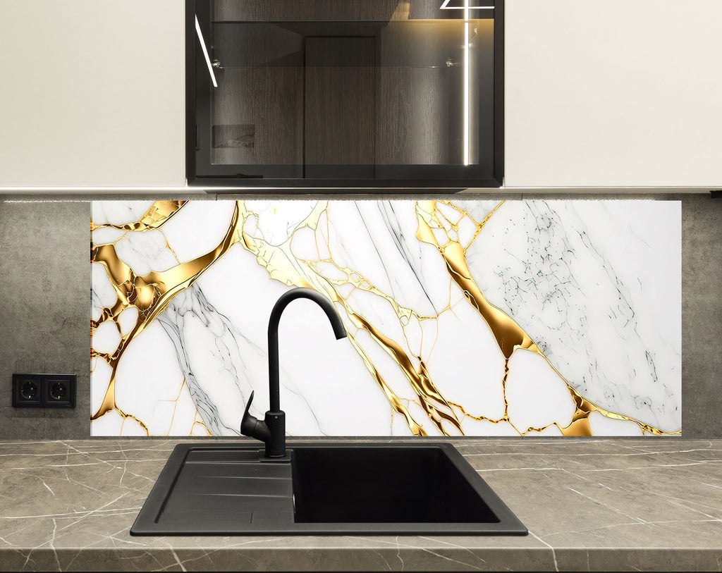 White & Gold Marble Elegance - Glass Kitchen Backsplash-BacksplashArtworks