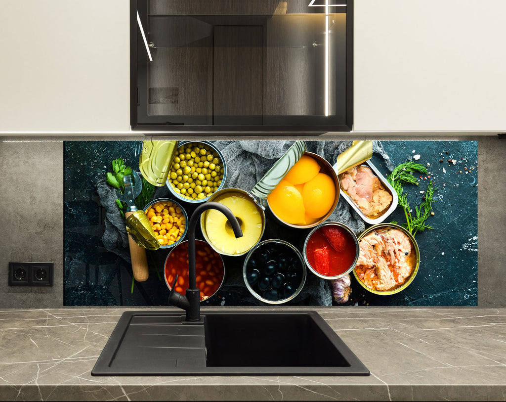 Gourmet Canned Food Art – Glass Kitchen Backsplash-BacksplashArtworks
