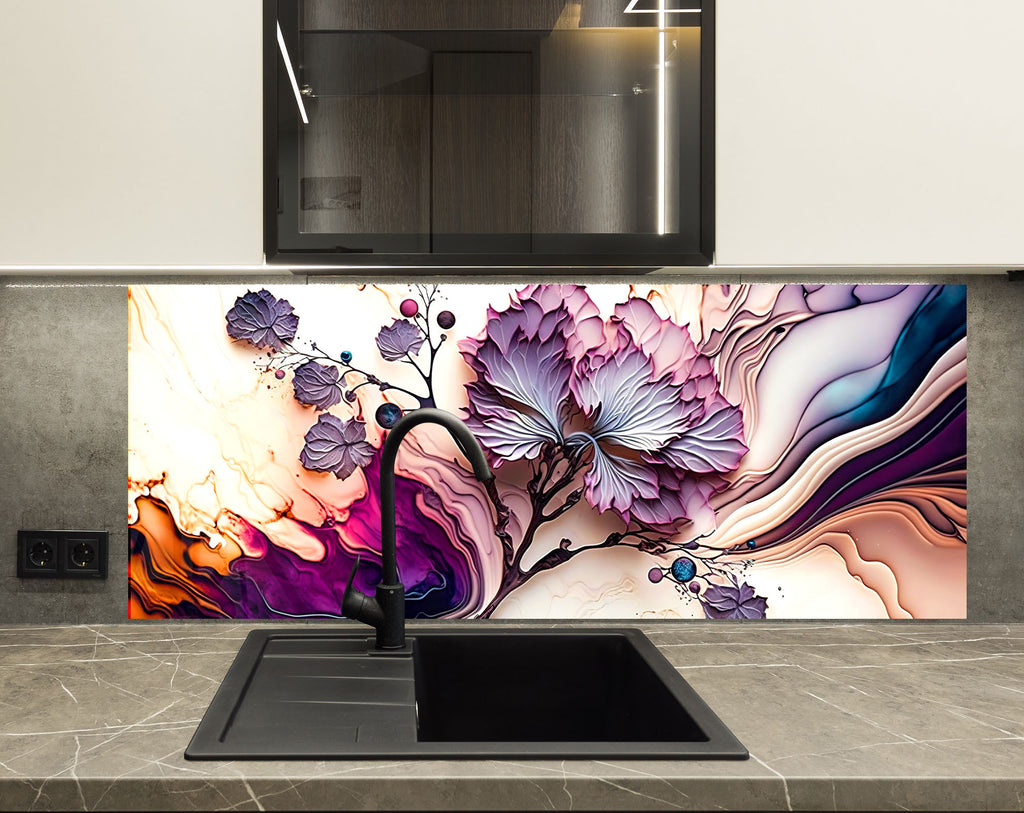 Mystic Floral Swirl - Glass Kitchen Backsplash-BacksplashArtworks