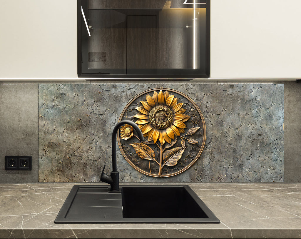 Rustic Sunflower Emblem - Glass Kitchen Backsplash-BacksplashArtworks