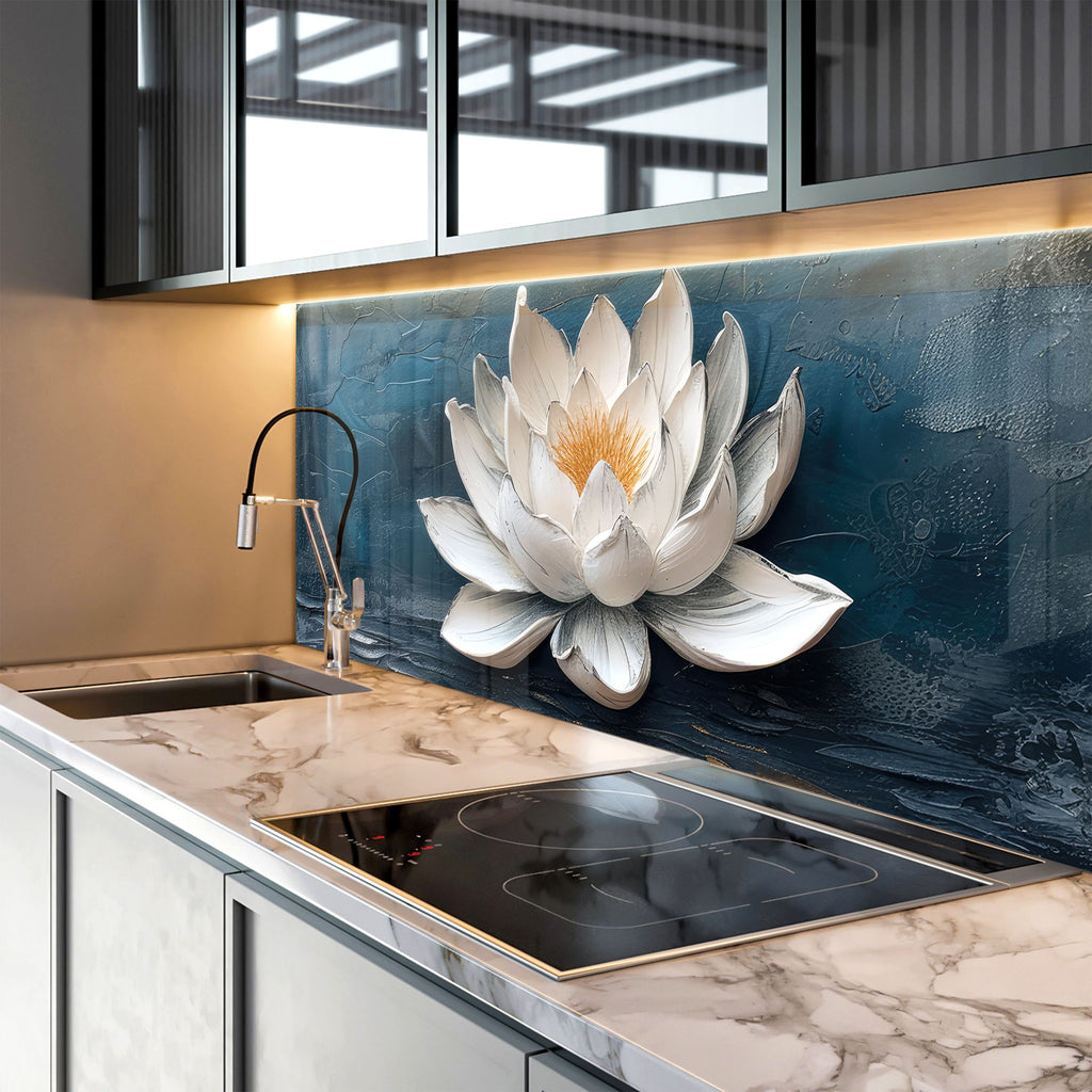Serene Lotus Blossom - Glass Kitchen Backsplash-BacksplashArtworks