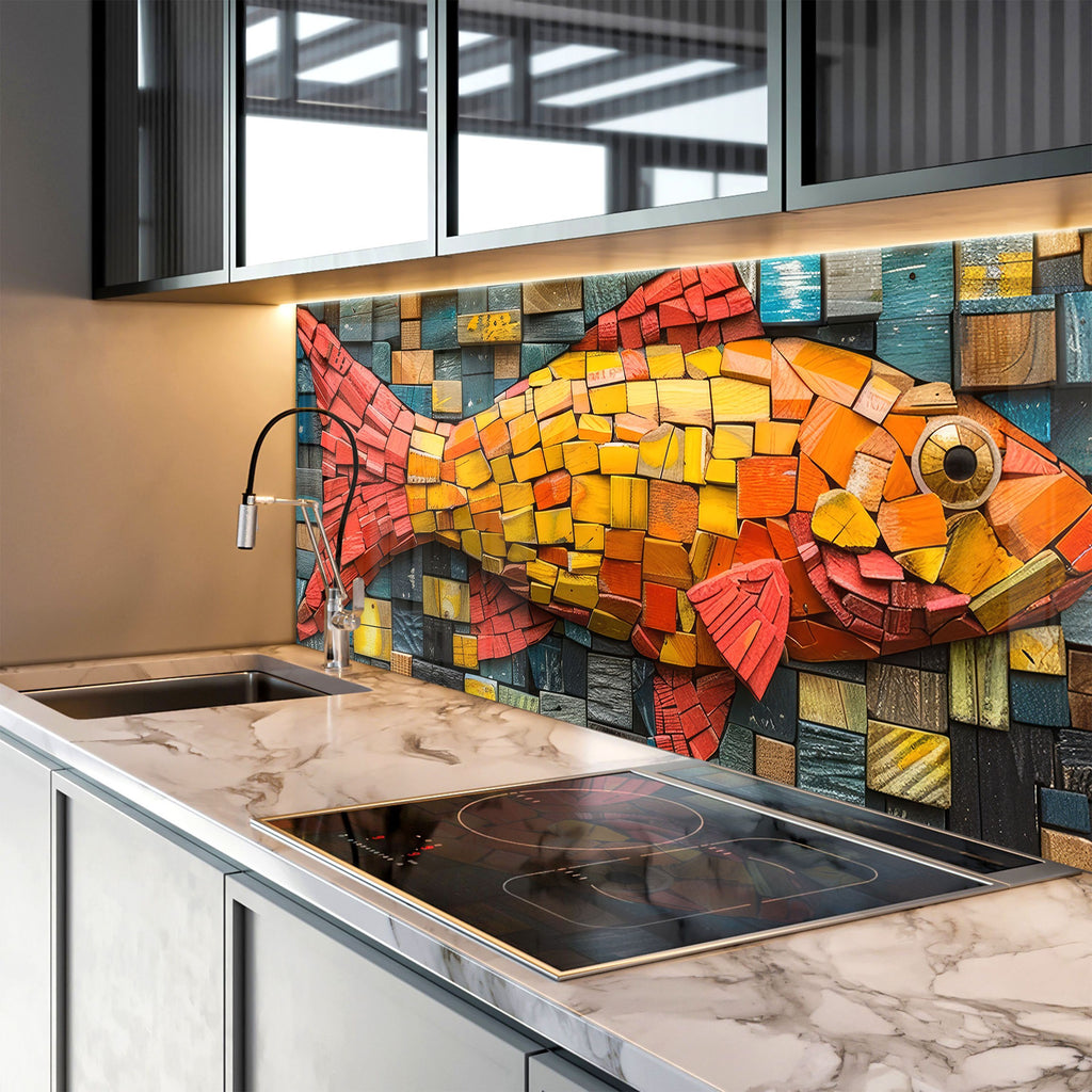 Vibrant Fish Mosaic Glass Kitchen Backsplash with Bold Color Design-BacksplashArtworks