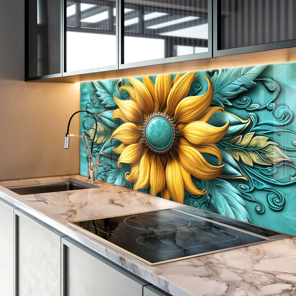 Golden Sunflower Elegance - Glass Kitchen Backsplash-BacksplashArtworks