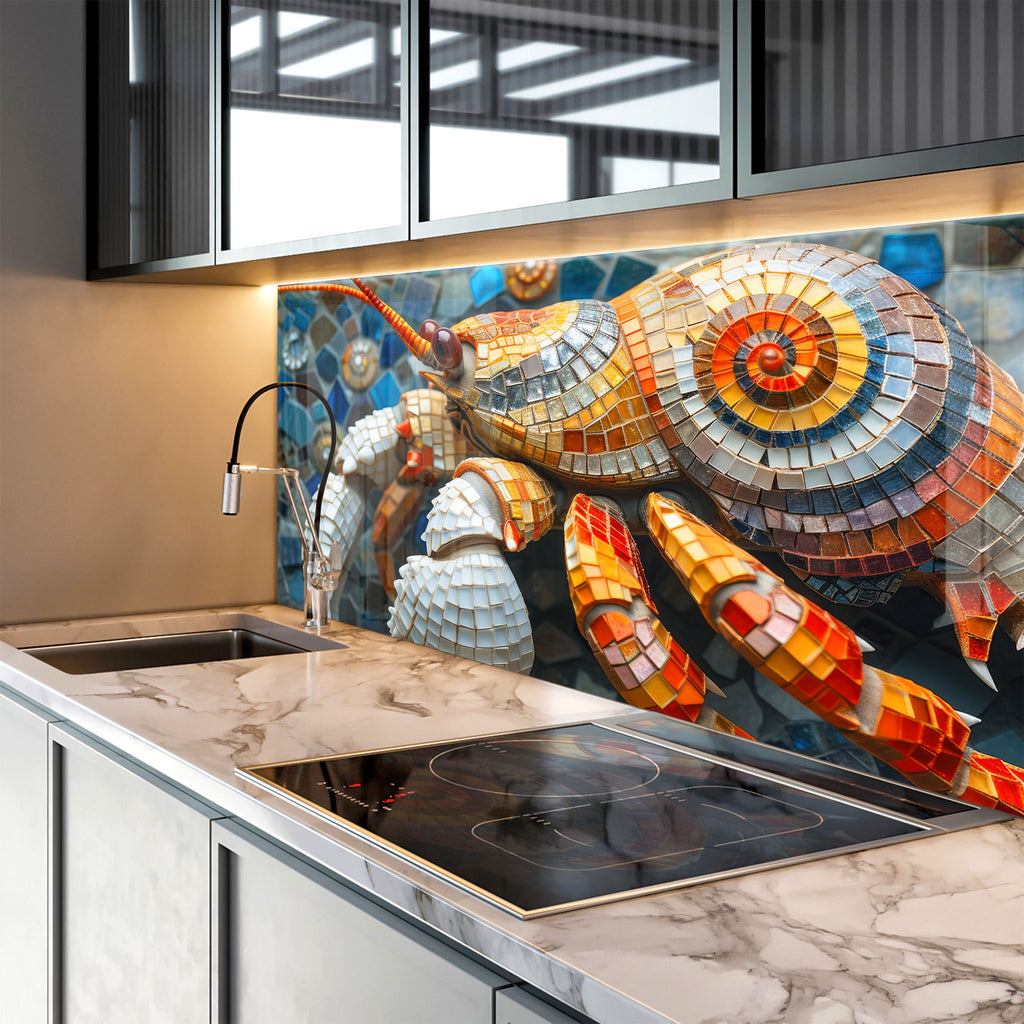 Mosaic Tempered Glass Kitchen Backsplash with Colorful Crab Design-BacksplashArtworks