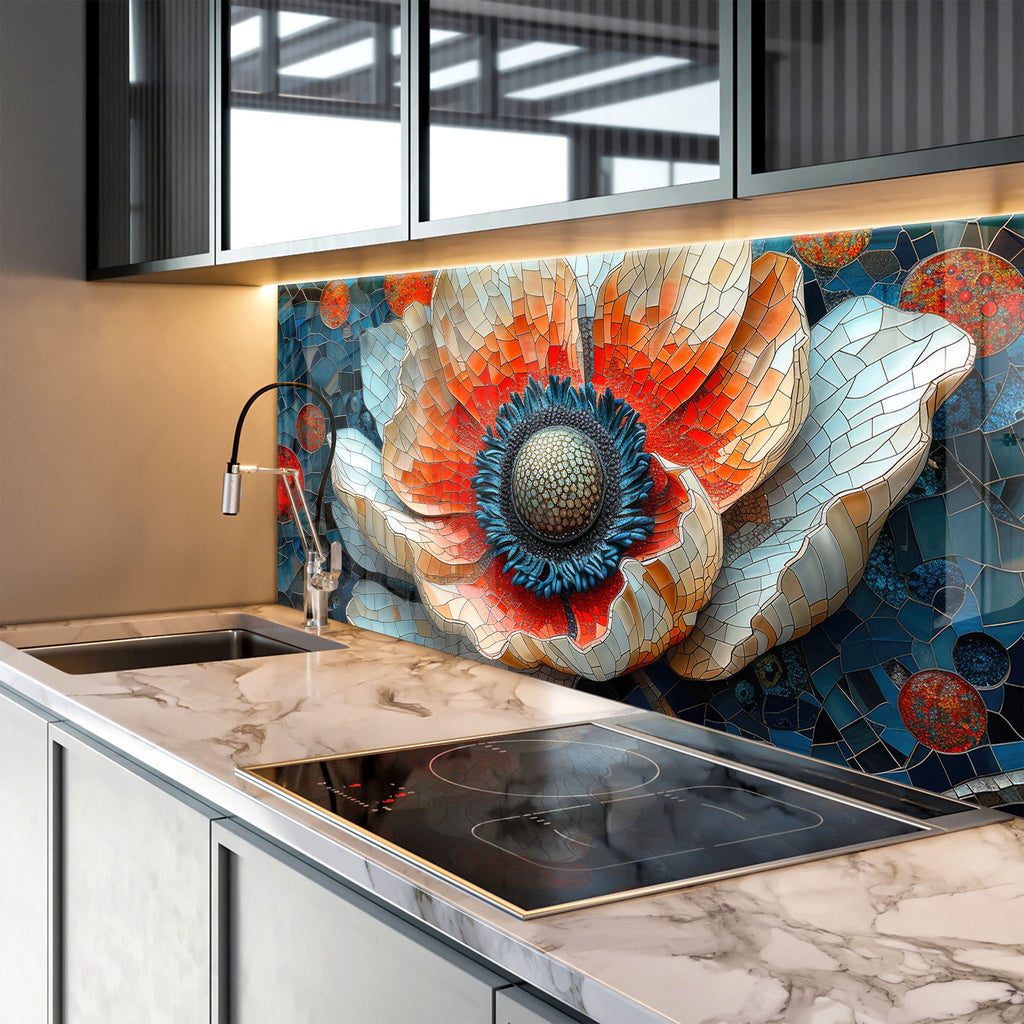 Mosaic Poppy Flower Art - Glass Kitchen Backsplash-BacksplashArtworks