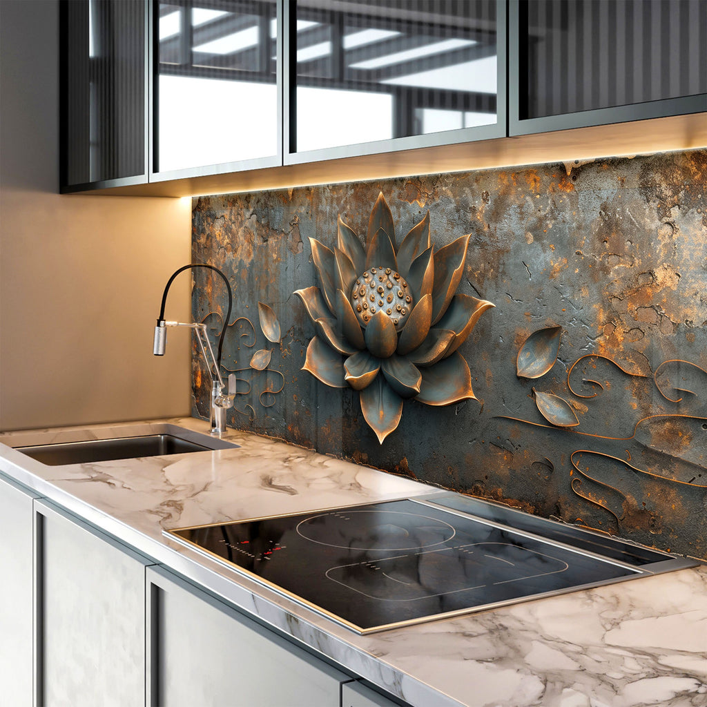 Rustic Lotus Blossom - Glass Kitchen Backsplash-BacksplashArtworks