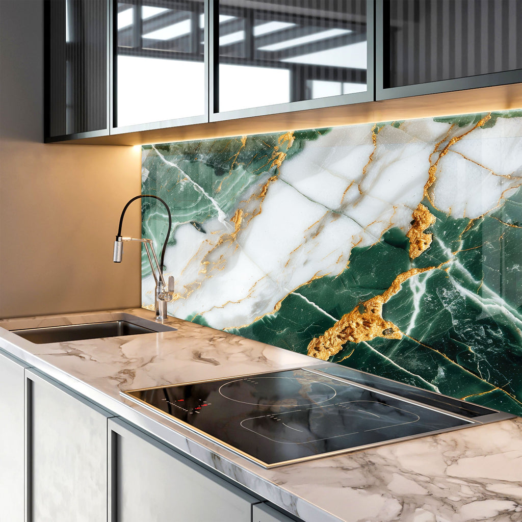 Green & White Gold Vein Marble - Glass Kitchen Backsplash-BacksplashArtworks