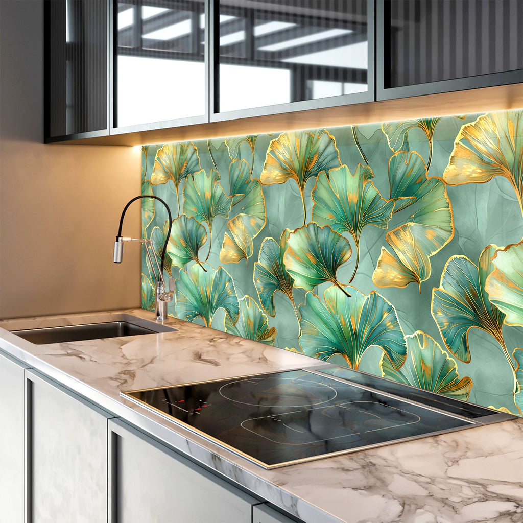 Golden Ginkgo Leaves - Glass Kitchen Backsplash-BacksplashArtworks