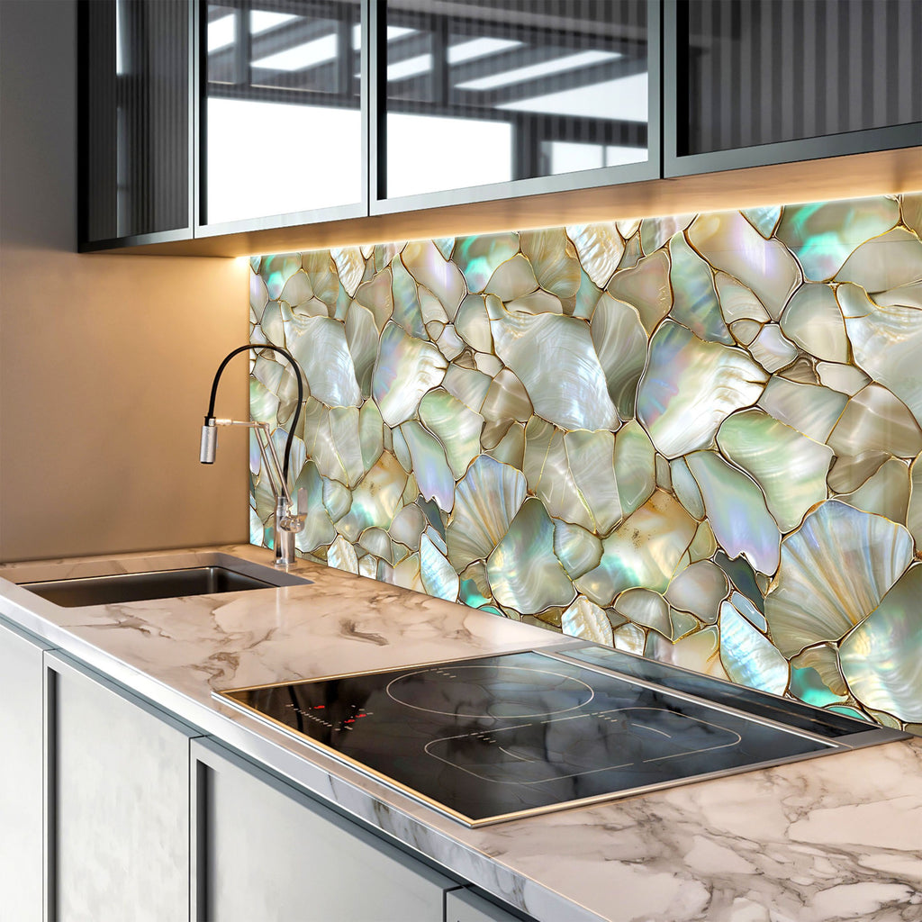 Pearlescent White & Gold - Glass Kitchen Backsplash-BacksplashArtworks