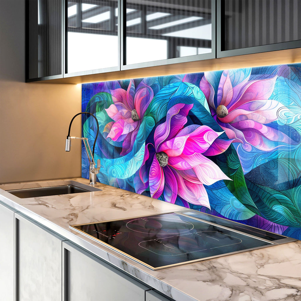 Vibrant Floral Harmony - Glass Kitchen Backsplash-BacksplashArtworks