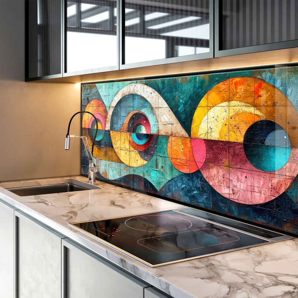 Mosaic Tempered Glass Kitchen Backsplash with Abstract Art Design-BacksplashArtworks