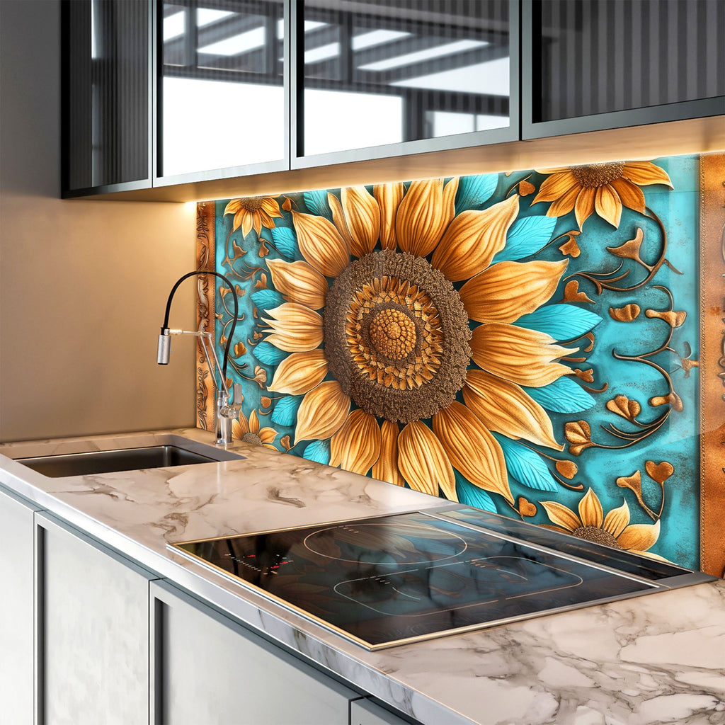 Rustic Sunflower Charm - Glass Kitchen Backsplash-BacksplashArtworks