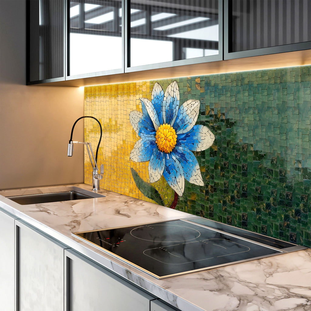 Mosaic Blue Blossom - Glass Kitchen Backsplash-BacksplashArtworks