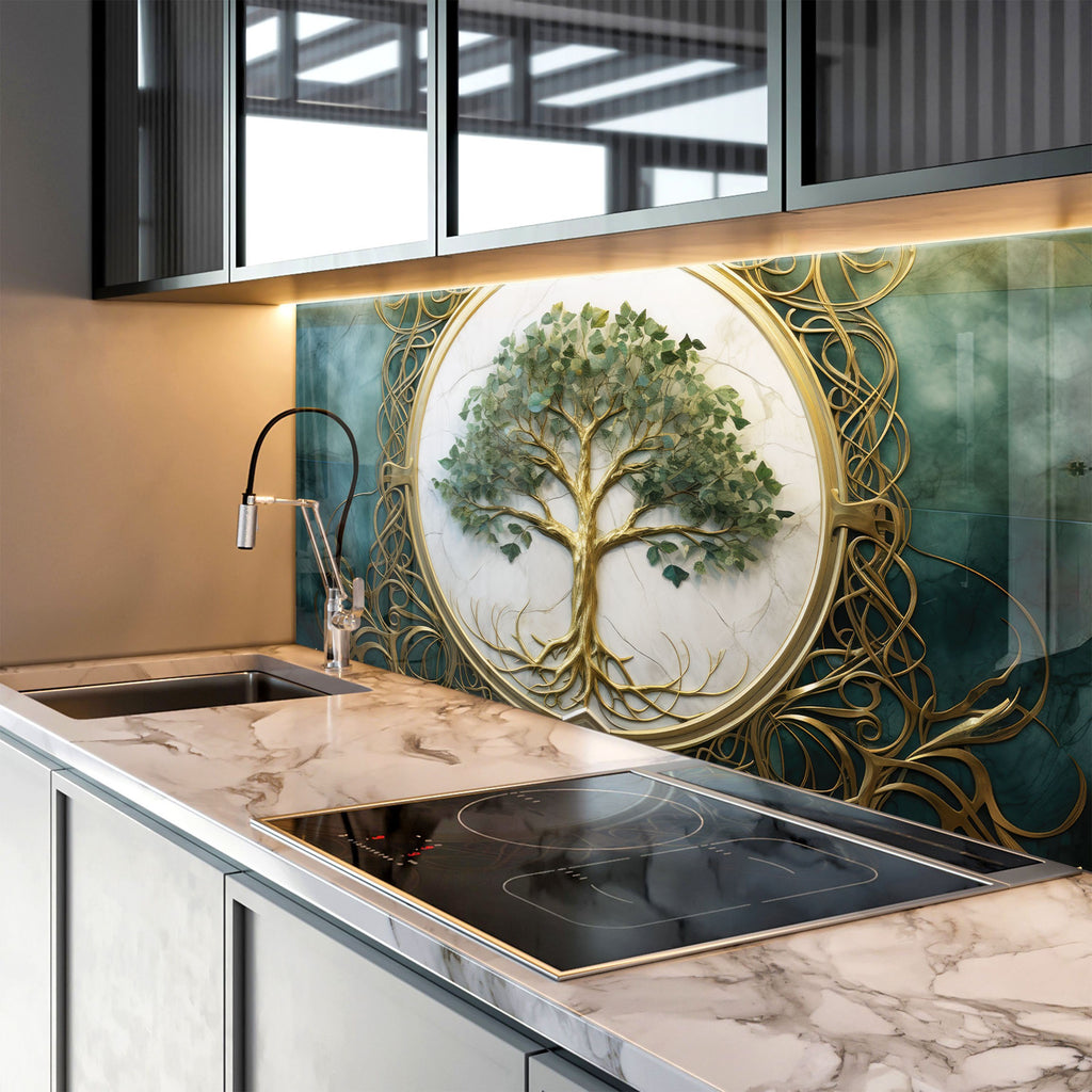 Green & White Life of Tree - Glass Kitchen Backsplash-BacksplashArtworks