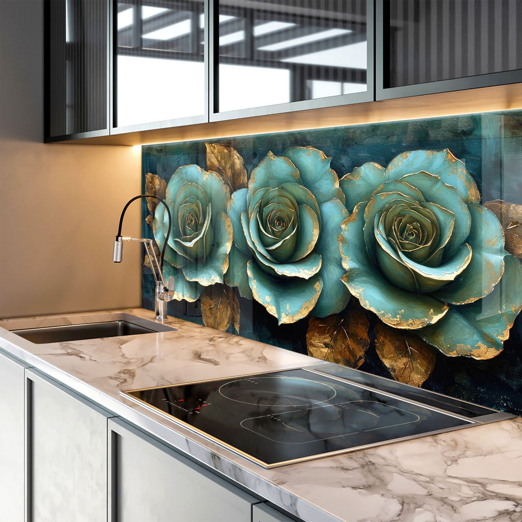 Golden Teal Roses - Glass Kitchen Backsplash-BacksplashArtworks