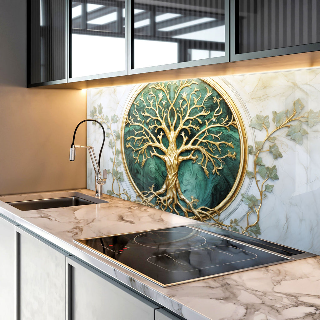Golden & Green Tree of Life - Glass Kitchen Backsplash-BacksplashArtworks