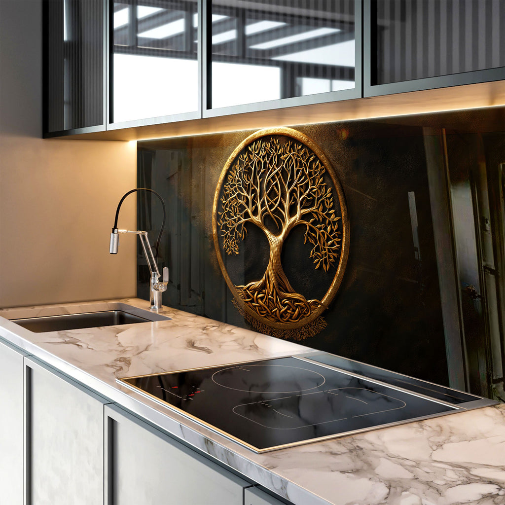 Gold & Brown Tree of Life - Glass Kitchen Backsplash-BacksplashArtworks