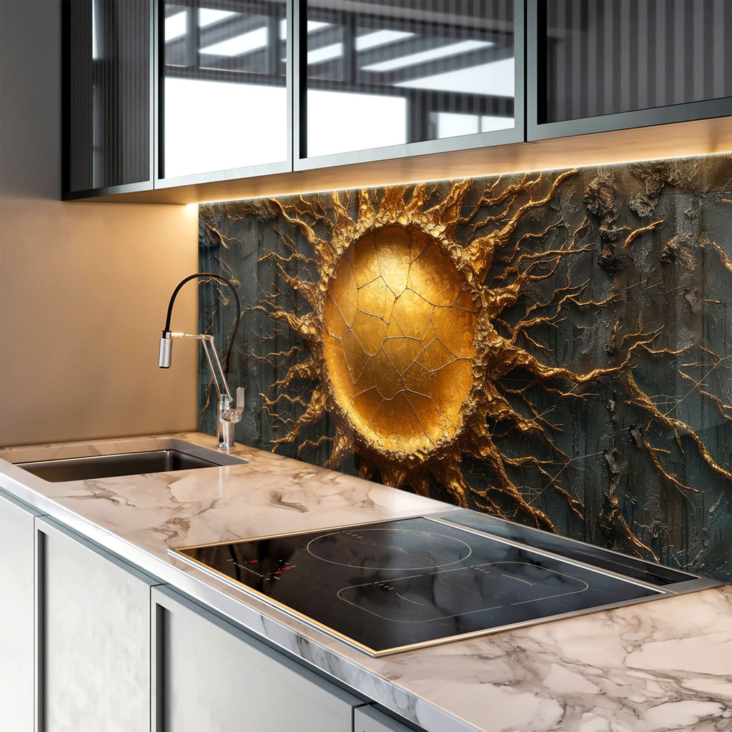 Golden Sunburst - Glass Kitchen Backsplash-BacksplashArtworks