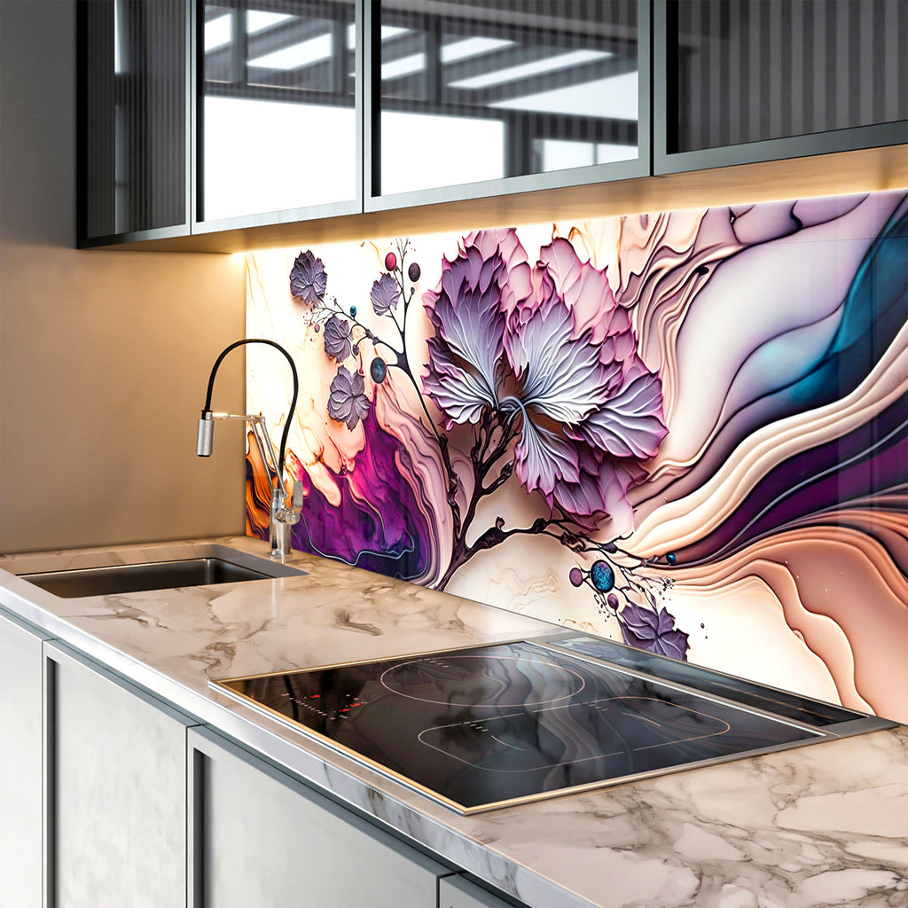 Mystic Floral Swirl - Glass Kitchen Backsplash-BacksplashArtworks