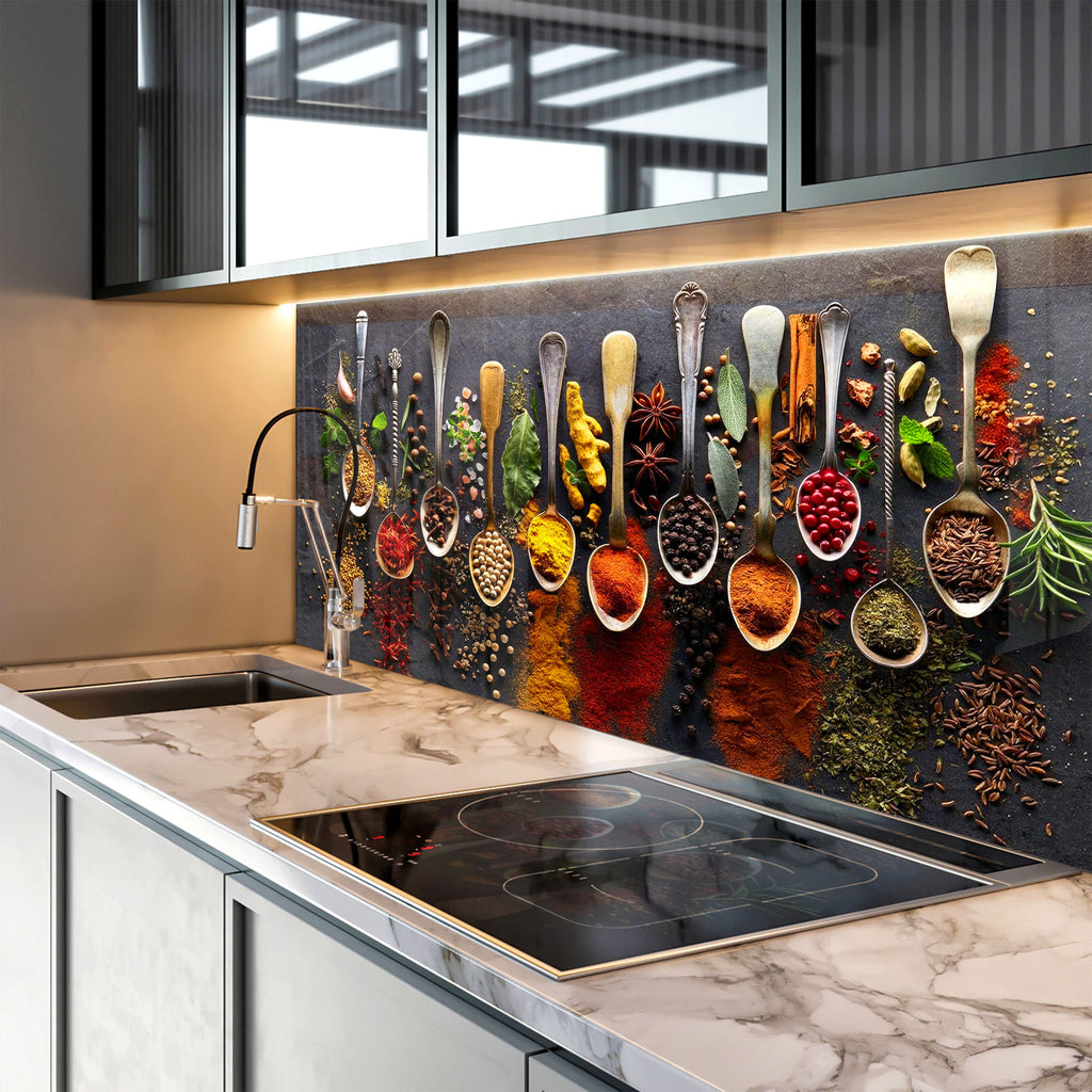Vintage Spice Elegance - Tempered Glass Kitchen Backsplash-BacksplashArtworks