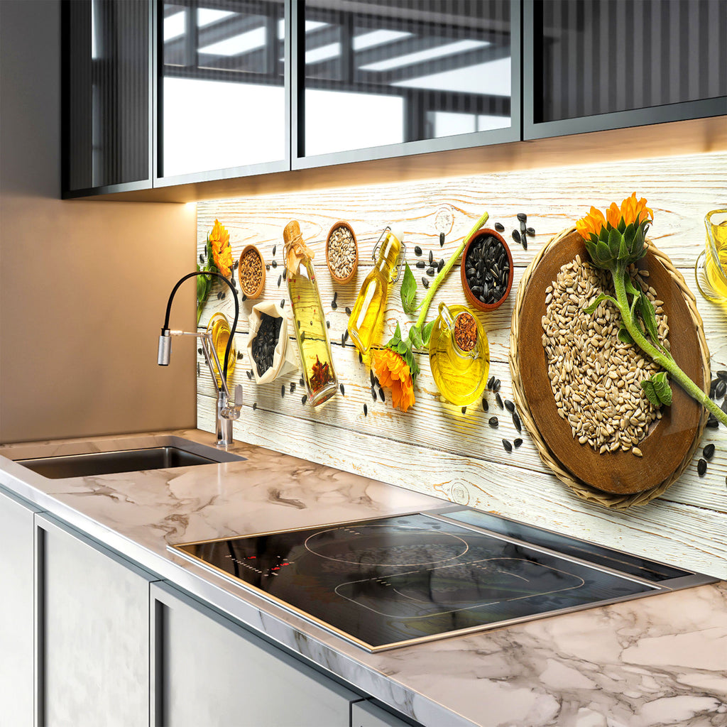 Sunflower Oil Harvest – Glass Kitchen Backsplash-BacksplashArtworks