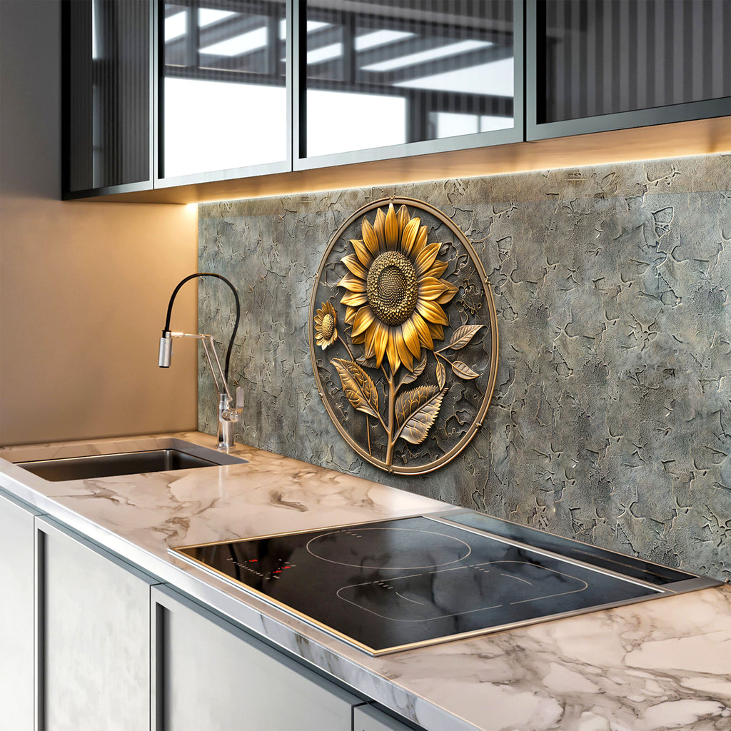 Rustic Sunflower Emblem - Glass Kitchen Backsplash-BacksplashArtworks