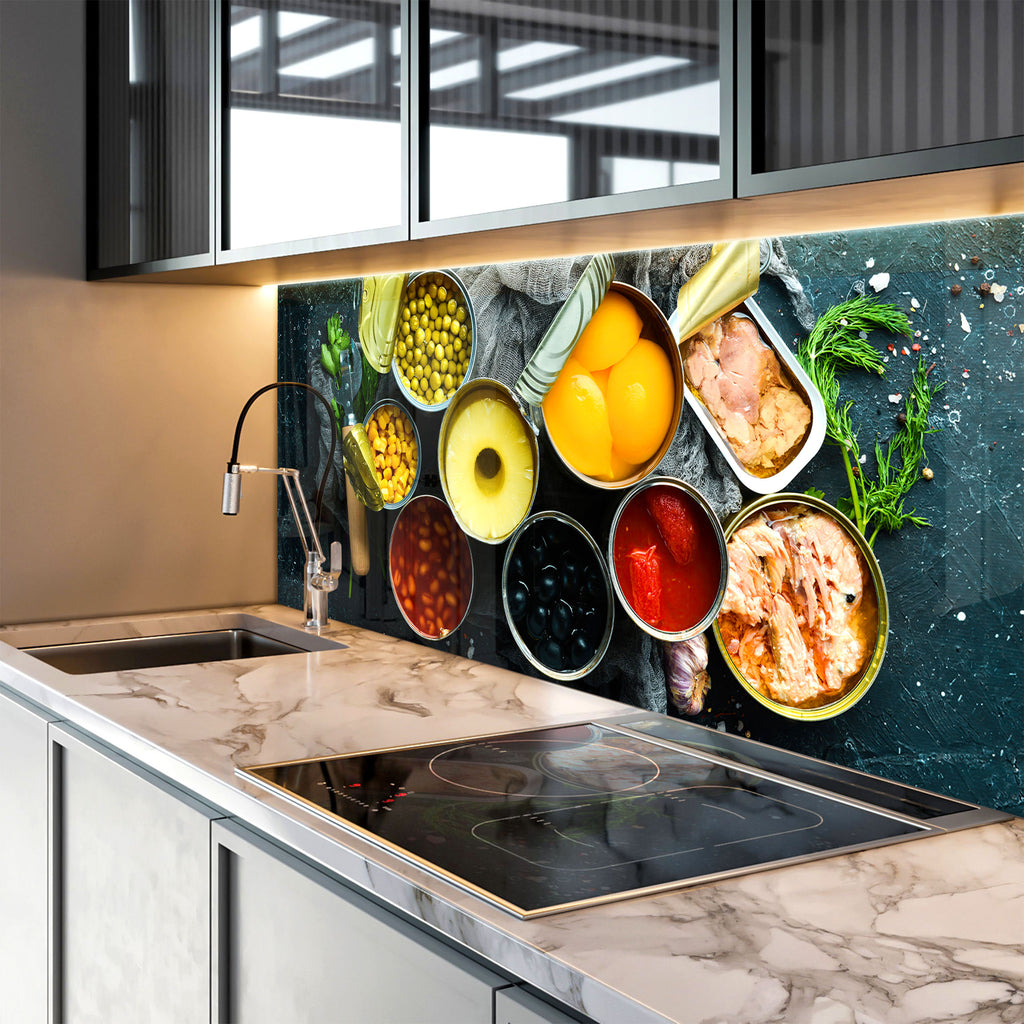 Gourmet Canned Food Art – Glass Kitchen Backsplash-BacksplashArtworks