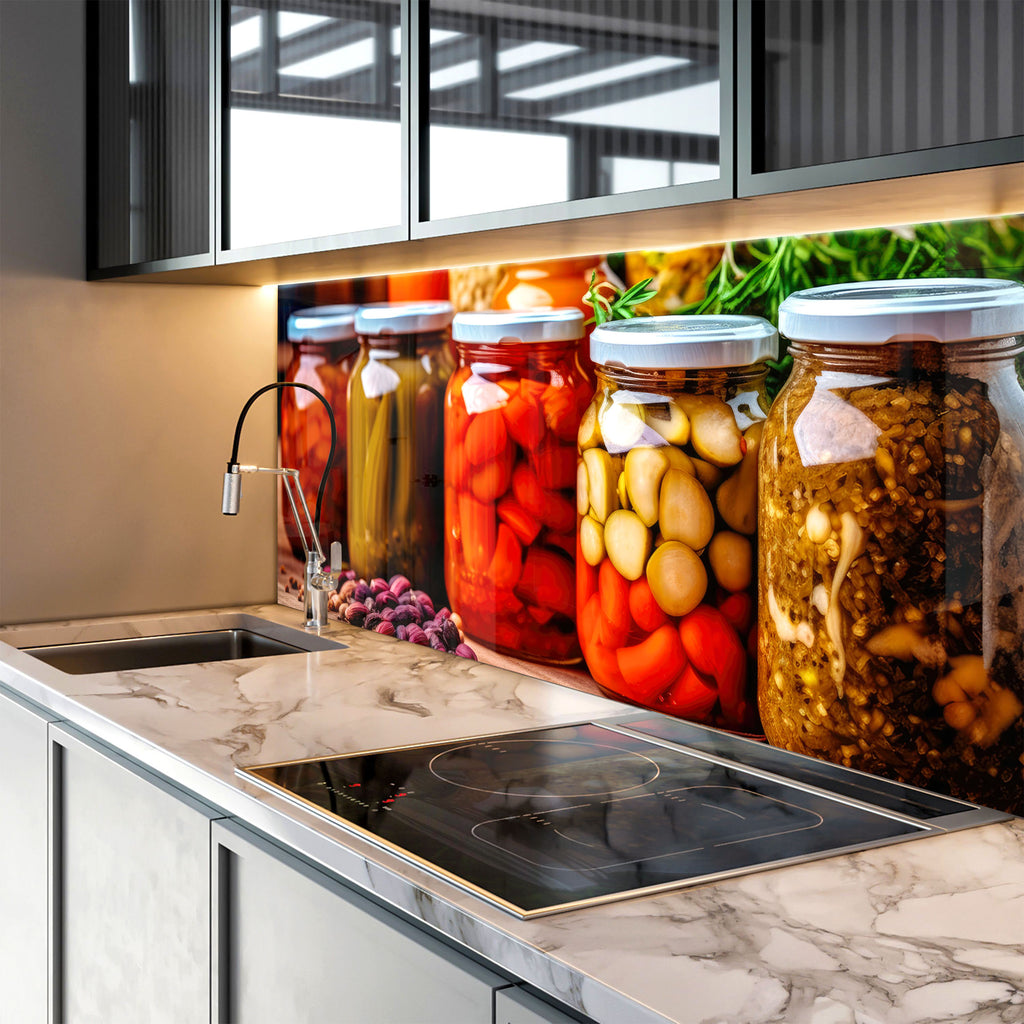 Rustic Pickled Pantry – Glass Kitchen Backsplash-BacksplashArtworks