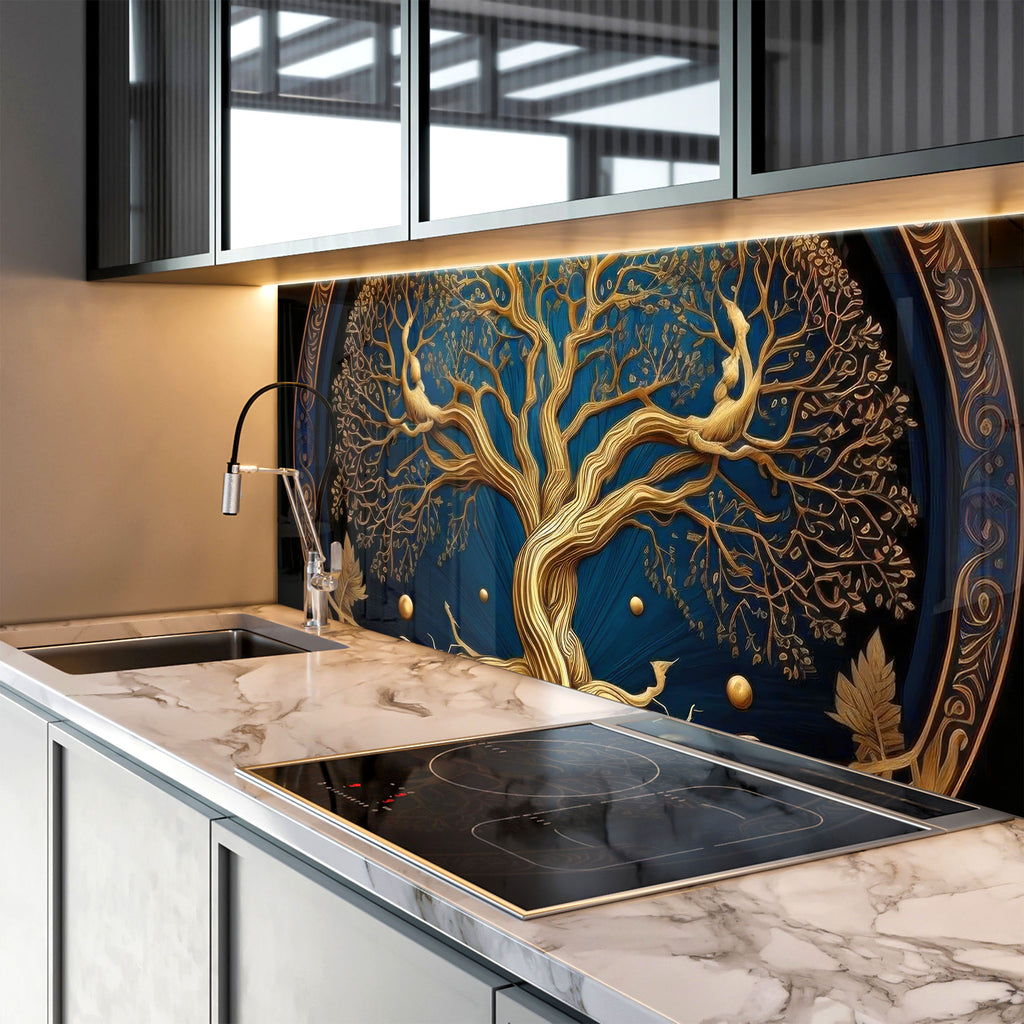 Golden Tree of Life - Tempered Glass Kitchen Backsplash-BacksplashArtworks