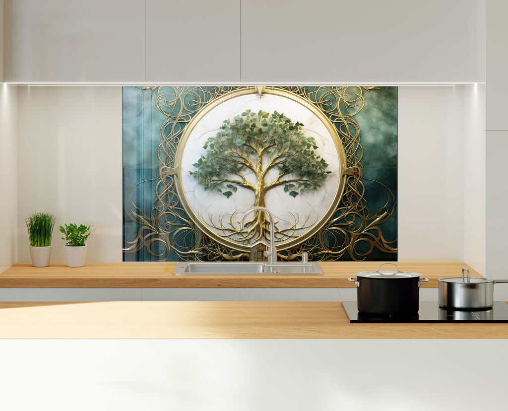 Green & White Life of Tree - Glass Kitchen Backsplash-BacksplashArtworks