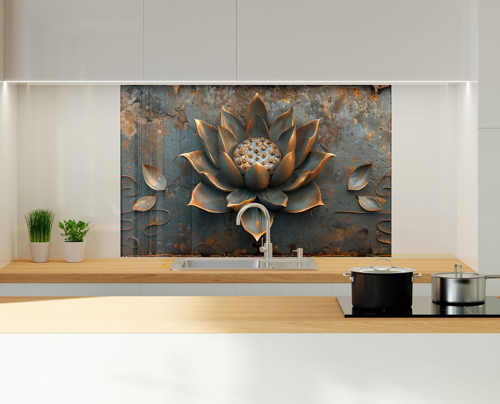 Rustic Lotus Blossom - Glass Kitchen Backsplash-BacksplashArtworks