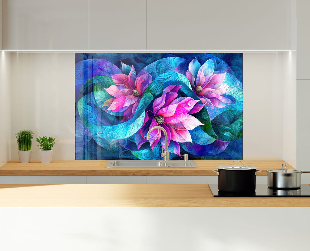 Vibrant Floral Harmony - Glass Kitchen Backsplash-BacksplashArtworks