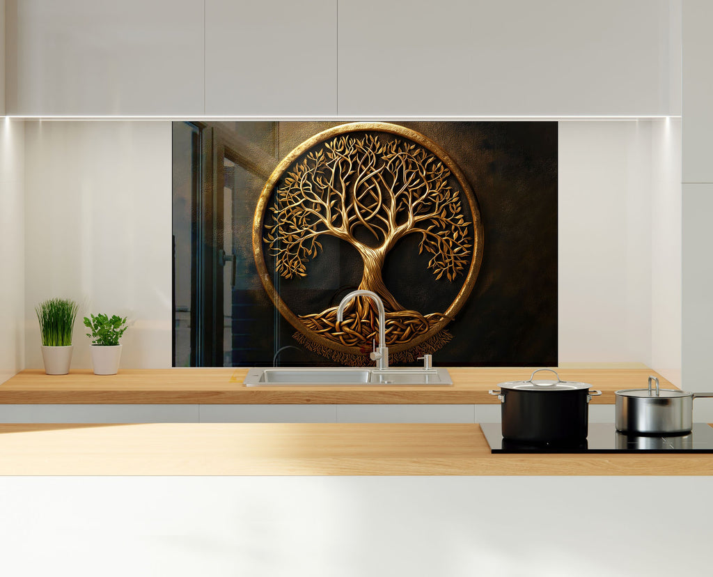 Gold & Brown Tree of Life - Glass Kitchen Backsplash-BacksplashArtworks