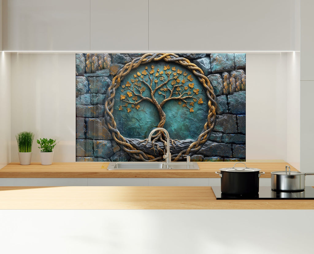 Ancient Wisdom Tree - Glass Kitchen Backsplash-BacksplashArtworks