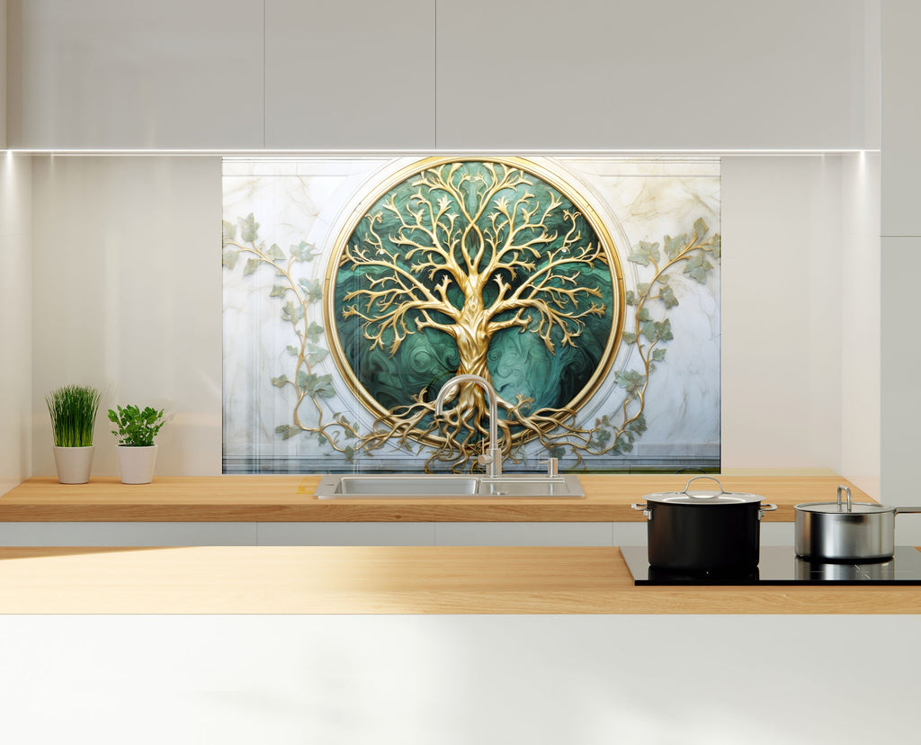 Golden & Green Tree of Life - Glass Kitchen Backsplash-BacksplashArtworks