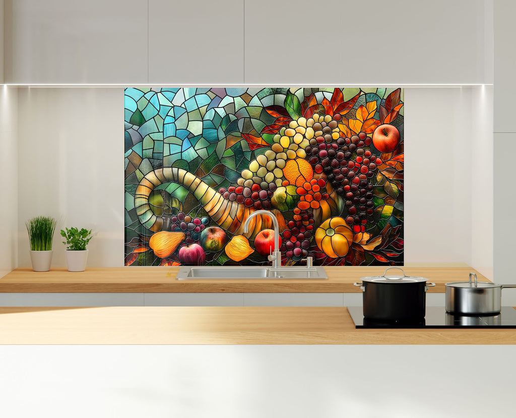 Rustic Harvest Glass Kitchen Backsplash – Colorful Fruit Cornucopia Design-BacksplashArtworks