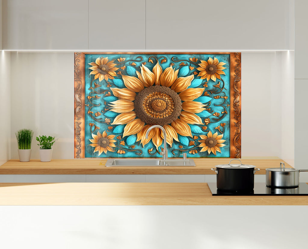 Rustic Sunflower Charm - Glass Kitchen Backsplash-BacksplashArtworks