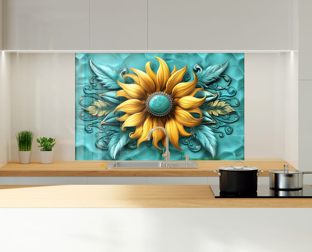 Golden Sunflower Elegance - Glass Kitchen Backsplash-BacksplashArtworks