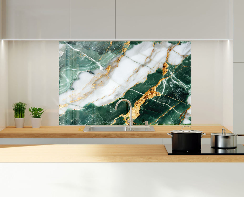 Green & White Gold Vein Marble - Glass Kitchen Backsplash-BacksplashArtworks