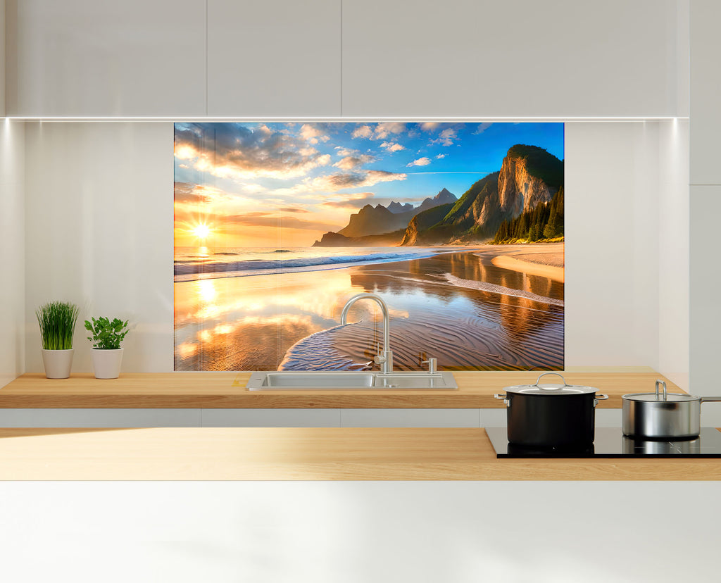 Majestic Mountain Beach Sunset Wall Art – Tempered Glass Kitchen Backsplash-BacksplashArtworks
