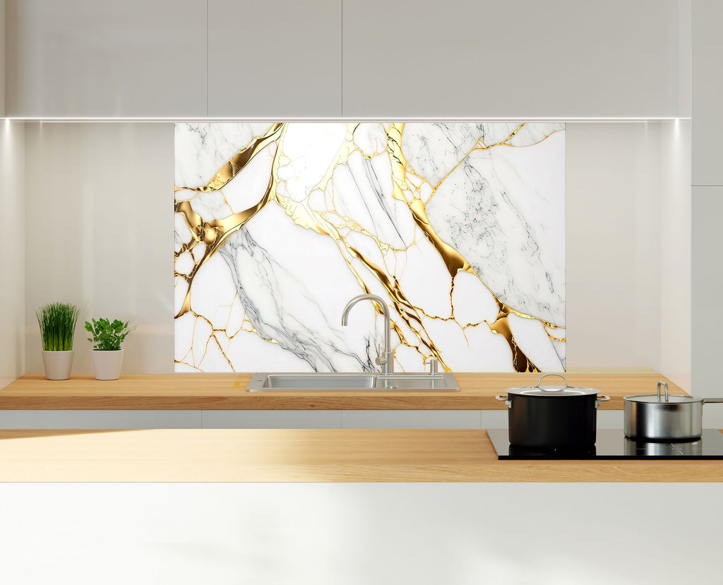 White & Gold Marble Elegance - Glass Kitchen Backsplash-BacksplashArtworks