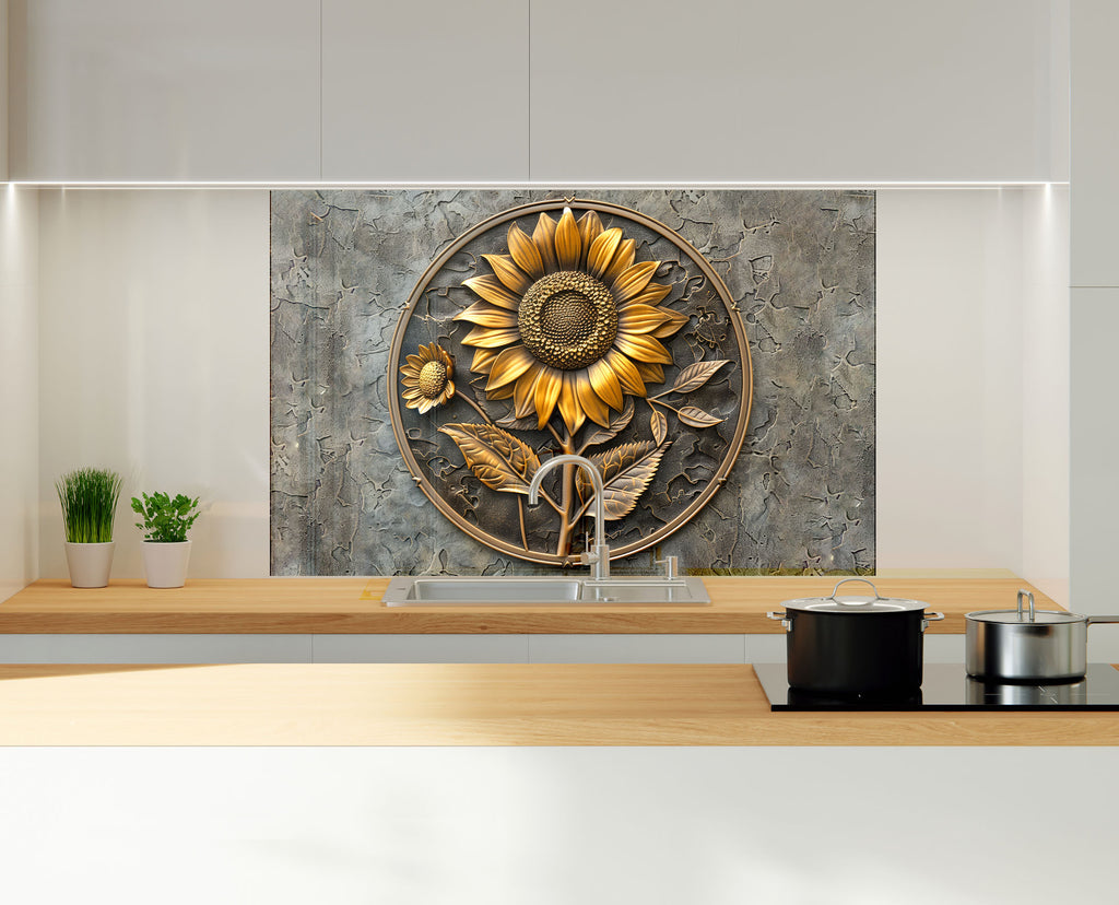 Rustic Sunflower Emblem - Glass Kitchen Backsplash-BacksplashArtworks