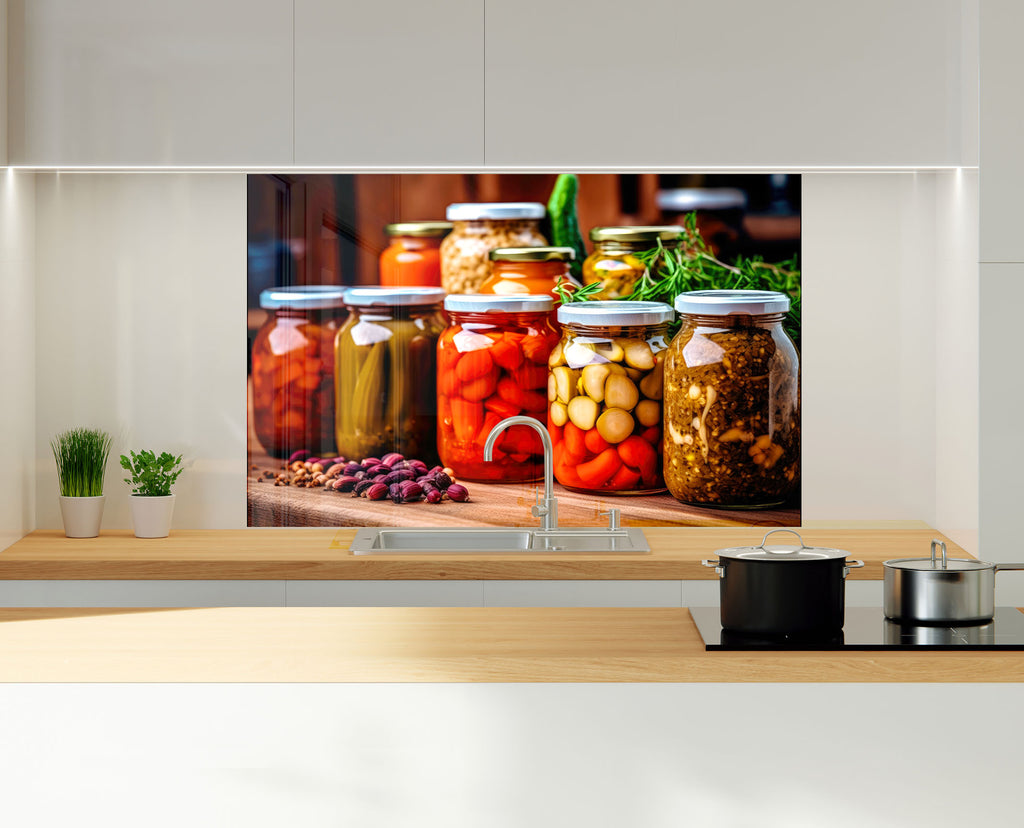 Rustic Pickled Pantry – Glass Kitchen Backsplash-BacksplashArtworks