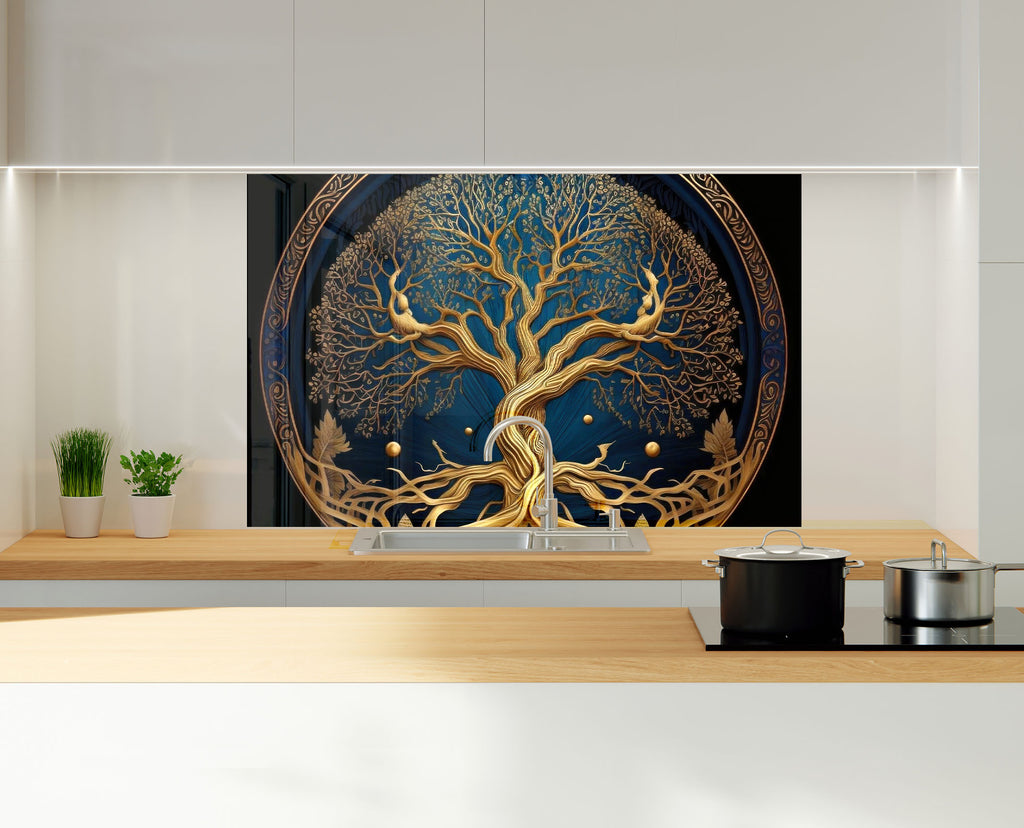 Golden Tree of Life - Tempered Glass Kitchen Backsplash-BacksplashArtworks