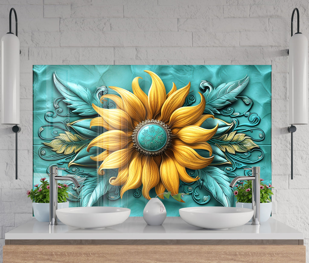 Golden Sunflower Elegance - Glass Kitchen Backsplash-BacksplashArtworks