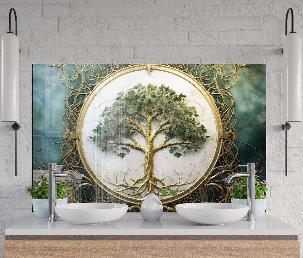Green & White Life of Tree - Glass Kitchen Backsplash-BacksplashArtworks