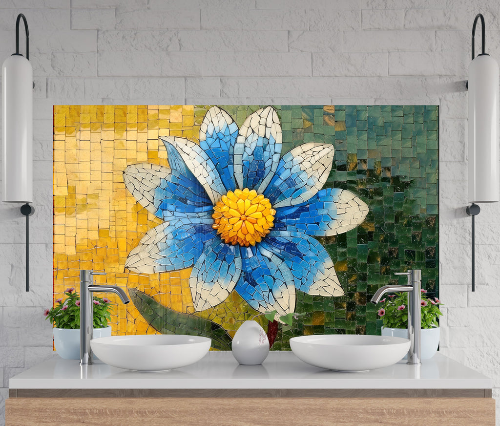 Mosaic Blue Blossom - Glass Kitchen Backsplash-BacksplashArtworks