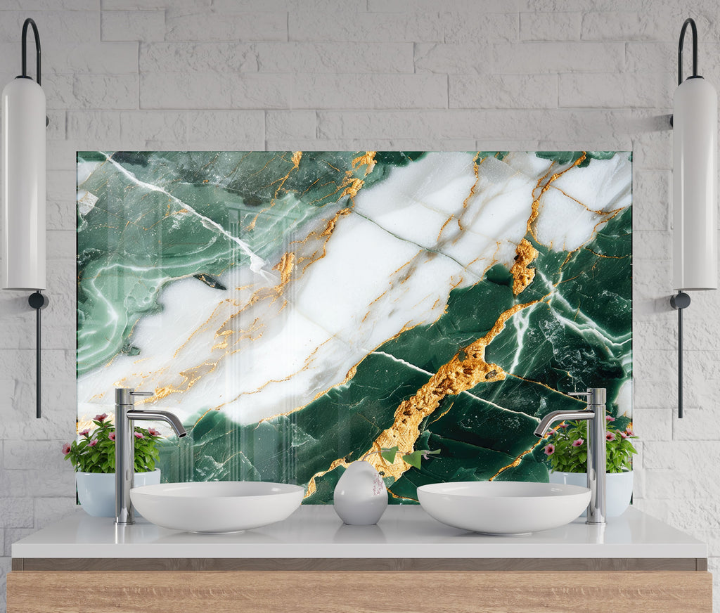 Green & White Gold Vein Marble - Glass Kitchen Backsplash-BacksplashArtworks