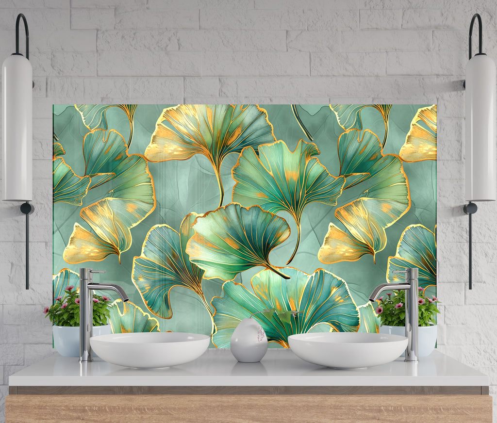 Golden Ginkgo Leaves - Glass Kitchen Backsplash-BacksplashArtworks